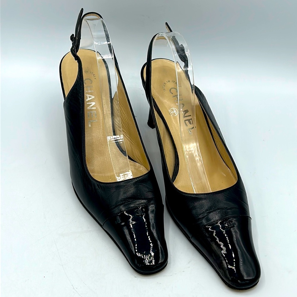 Vintage CHANEL Slingback Pointed Square Toe Low Heels Size 37.5 Black Leather
